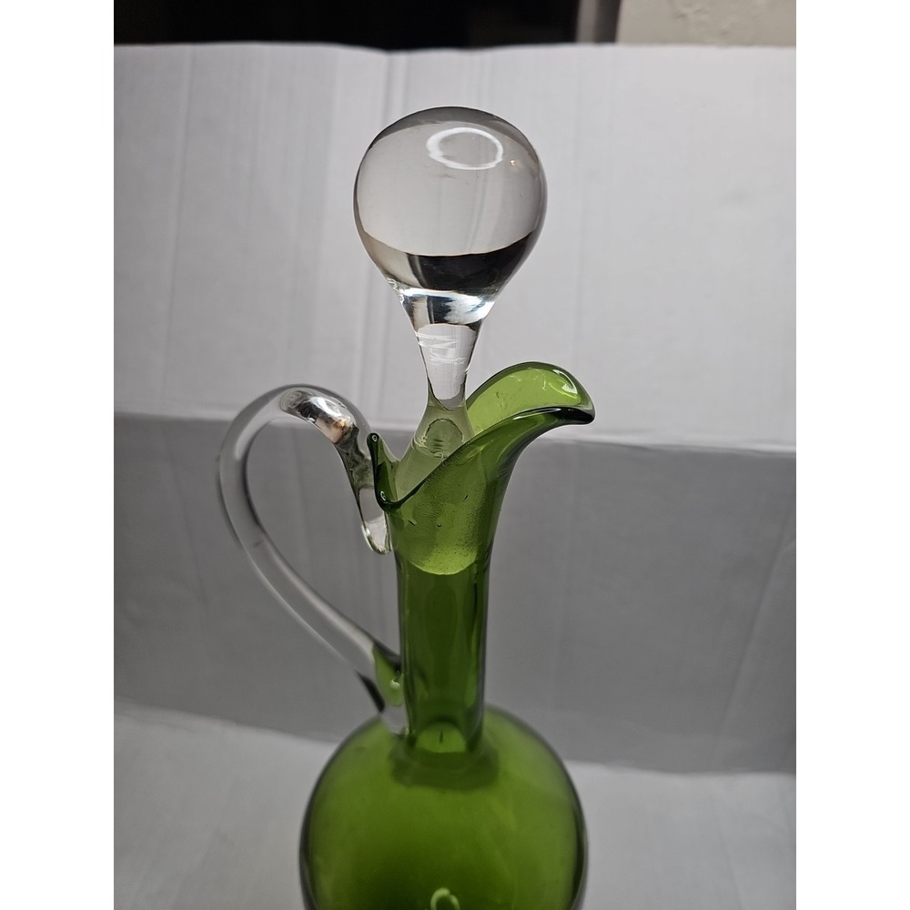Green Art Glass Decanter Bottle with Stopper Hand Blown Style Vintage 17.5 inch - Picture 10 of 11